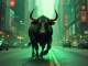 A Strong Bull Roaming in the City in a Green Atmosphere