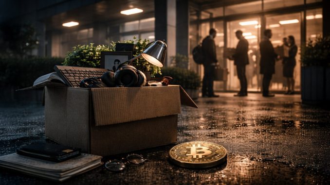 Cardboard box of office belongings outside a tech building with a Bitcoin coin on wet pavement, reflecting AI layoff fears and macroeconomic pressure on crypto markets