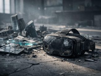 Abandoned VR headset in a crumbling digital cityscape, symbolizing metaverse land crash as a once $24M virtual plot falls to $9,000
