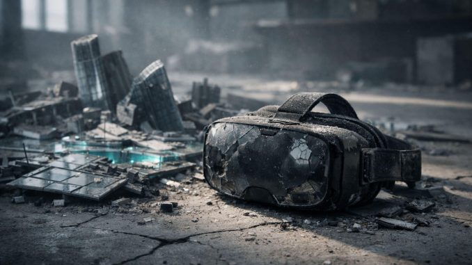 Abandoned VR headset in a crumbling digital cityscape, symbolizing metaverse land crash as a once $24M virtual plot falls to $9,000
