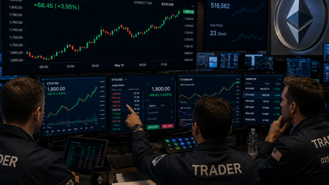 Traders analyzing a bullish ETH/USD chart