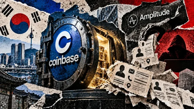 Editorial collage depicting a Coinbase vault containing cryptocurrency beside exposed customer contact records, Amplitude branding and Seoul imagery.