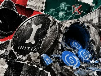 Editorial collage featuring a fractured Initia symbol, a damaged reserve opening, scattered USDC tokens, and a hooded computer user.