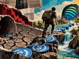 A depositor crosses oversized USDC stepping stones from depleted terrain toward renewed Jupiter Lend liquidity.